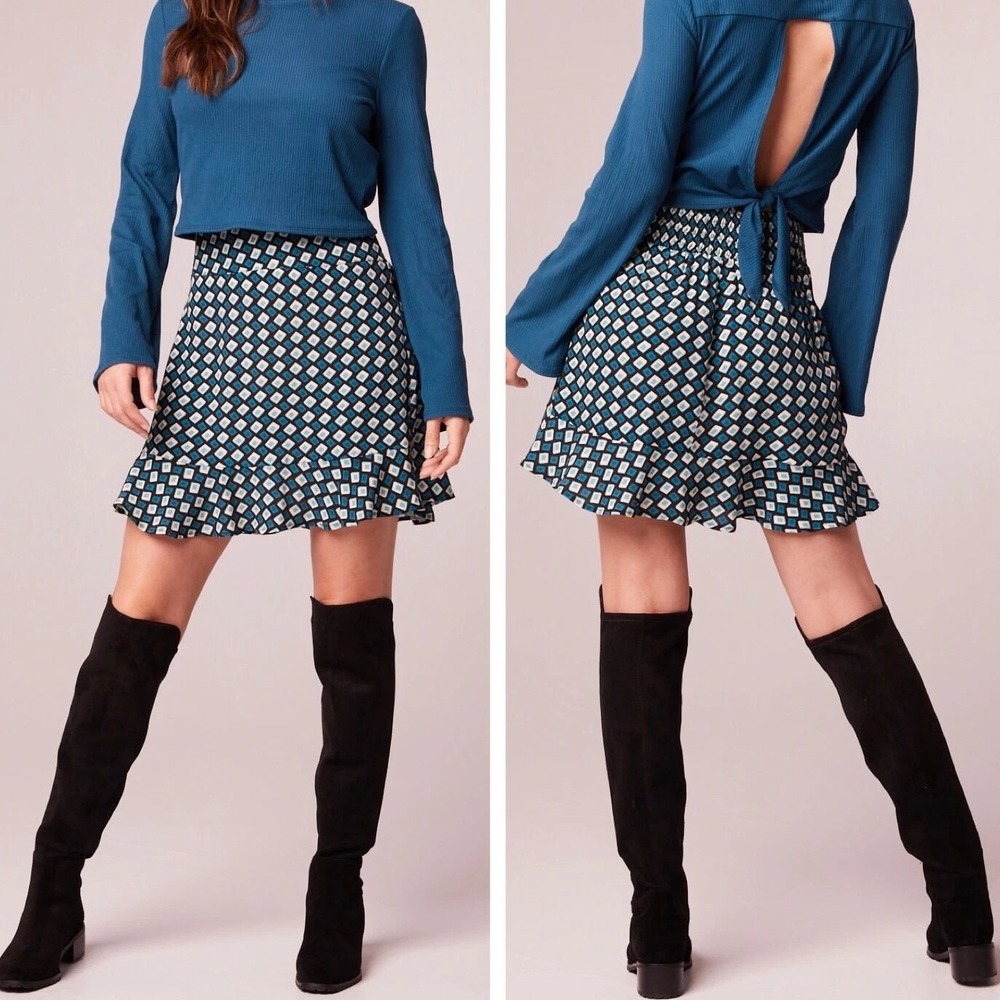 NWT Band Of The Free Geometric Ruffle Mini Skirt XS Black Teal Boho Smocked Mod